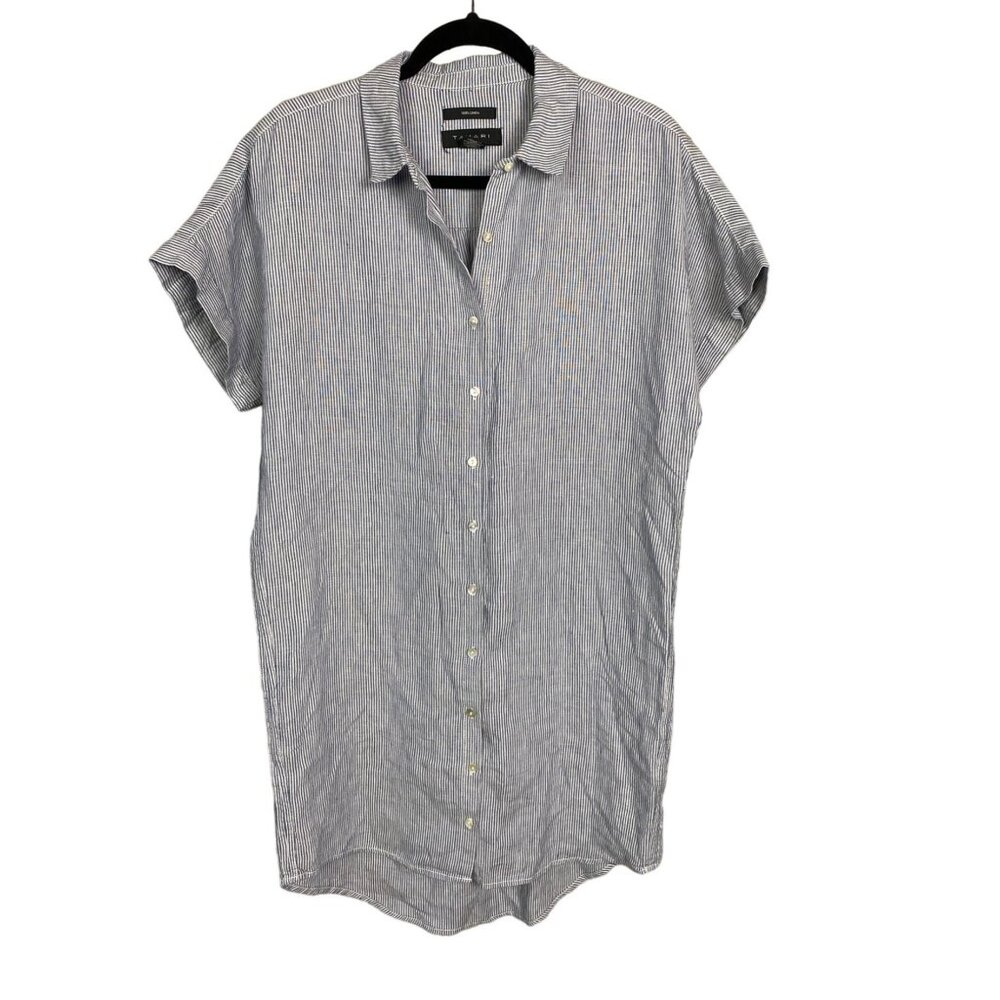 Tahari Button Front Shirt Dress Linen Striped Blue White Womens Size M
